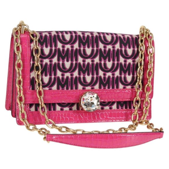 Miu Miu Chain Shoulder Bag Canvas Leather 2way Pink Gold Auth 120964AM - Picture 1 of 16